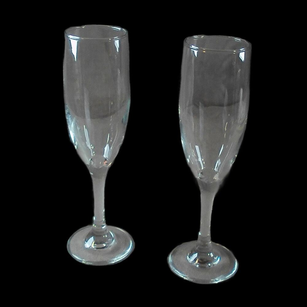 Pair Fluted Champagne Glasses Clear Hand-Blown? Vintage 8" Tall
